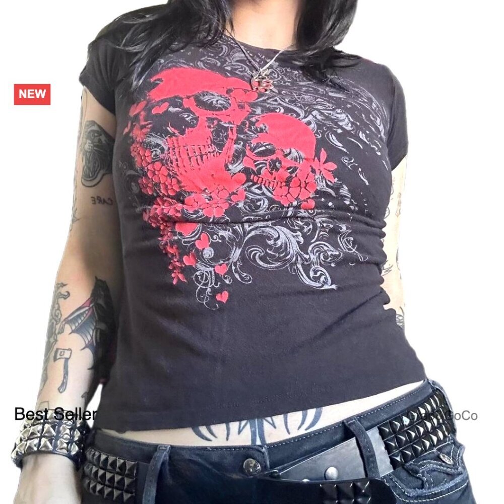 Y2K Graphic Baby Tee Punk Grunge Emo Vintage Short Sleeve Top
